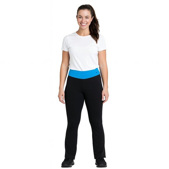 Nike Fit Dry Yoga Pants L Black Straight Leg Turquoise Waistband Stretch Workout - Picture 1 of 10